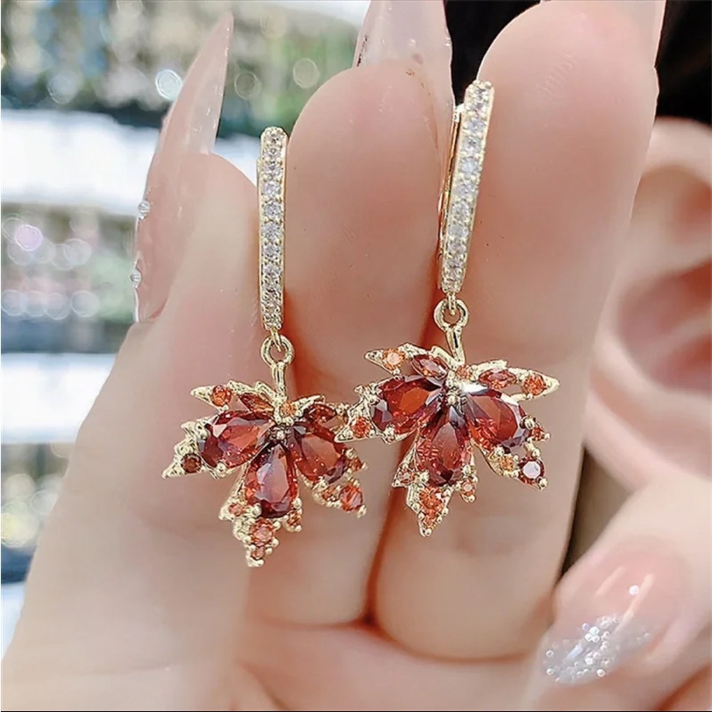 Jeweled Maple Leaf Red Diamond Gold Hoop Dainty Luxury Unique Gift Mini Earrings - Picture 5 of 5